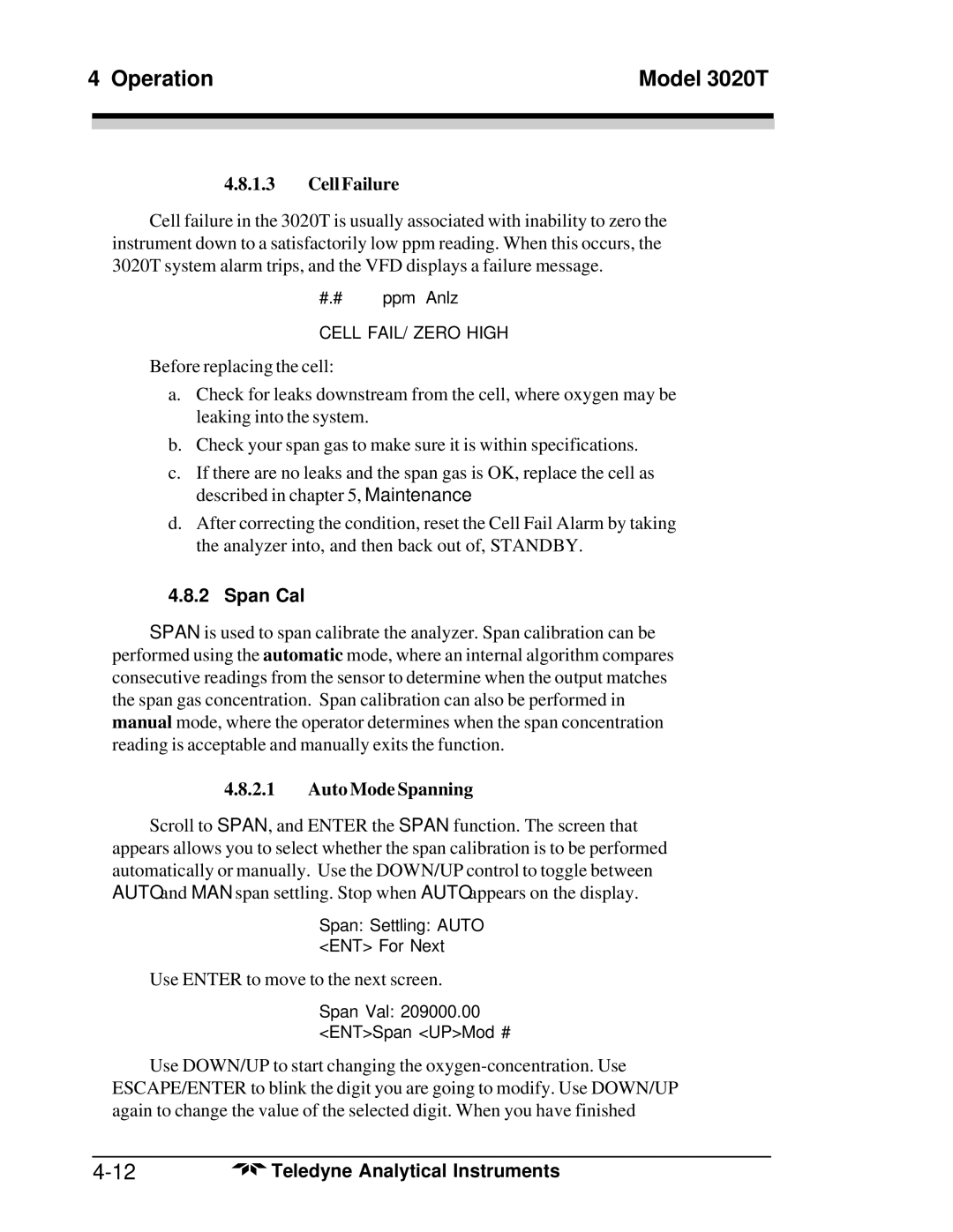 Teledyne 3020T operating instructions Cell Failure, Span Cal, Auto Mode Spanning 