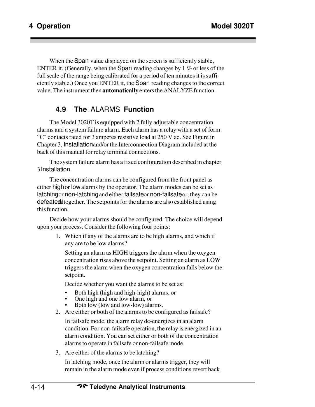 Teledyne 3020T operating instructions Alarms Function, Installation 