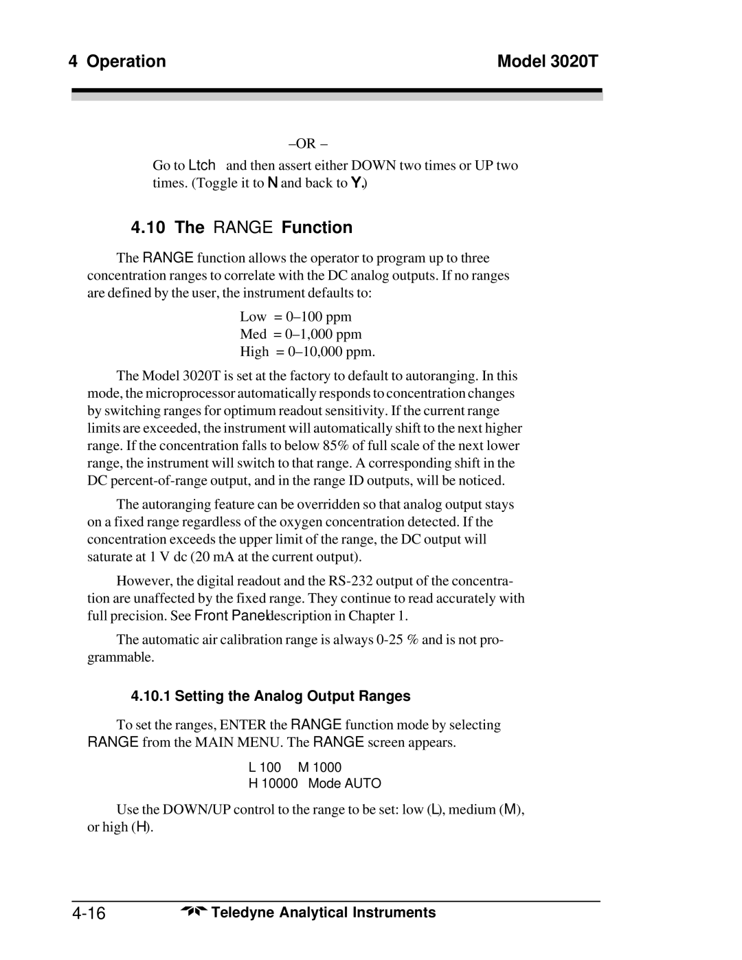 Teledyne 3020T operating instructions Range Function, Setting the Analog Output Ranges 