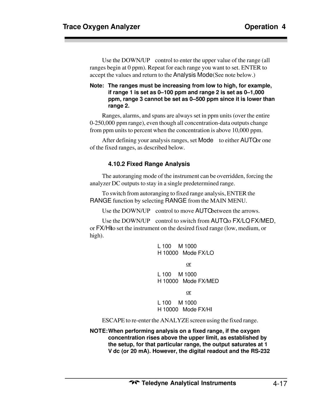 Teledyne 3020T operating instructions Fixed Range Analysis 