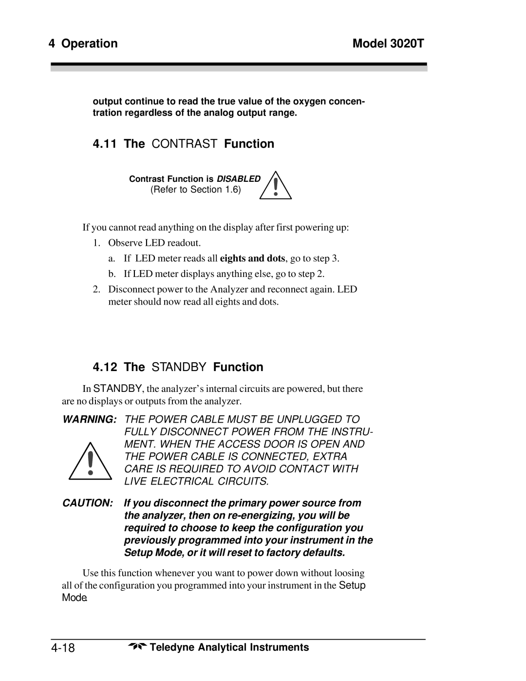 Teledyne 3020T operating instructions Contrast Function, Standby Function 