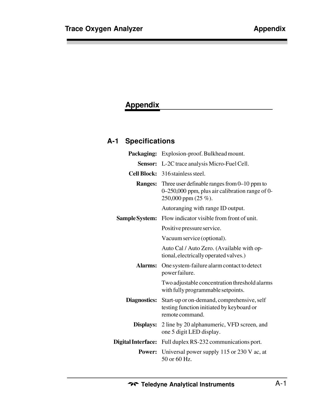 Teledyne 3020T operating instructions Trace Oxygen Analyzer Appendix, Specifications 