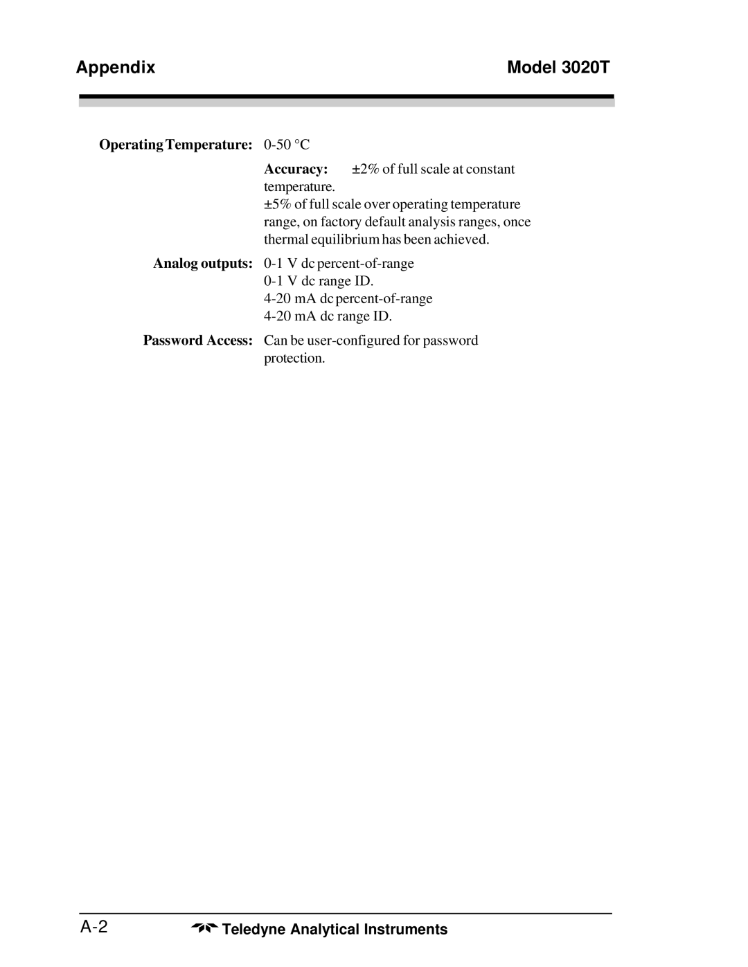 Teledyne 3020T operating instructions Operating Temperature 0-50 C 