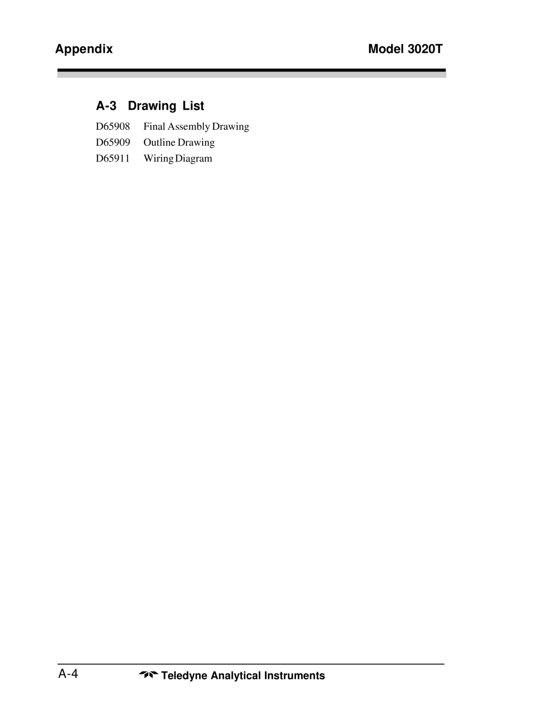 Teledyne 3020T operating instructions Drawing List 