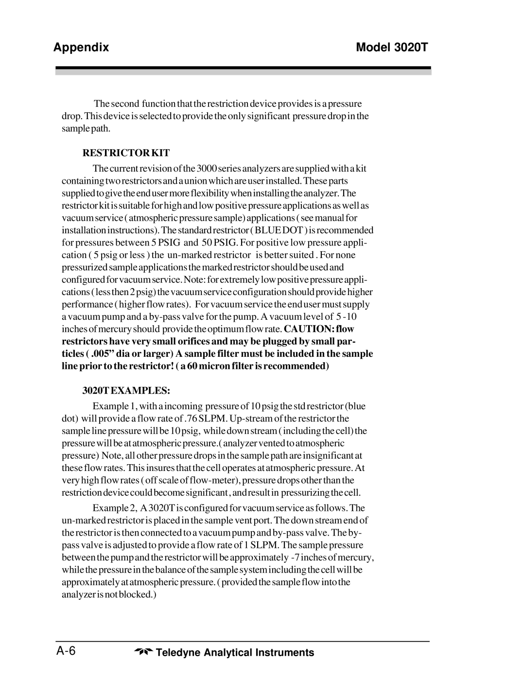 Teledyne 3020T operating instructions Restrictor KIT 