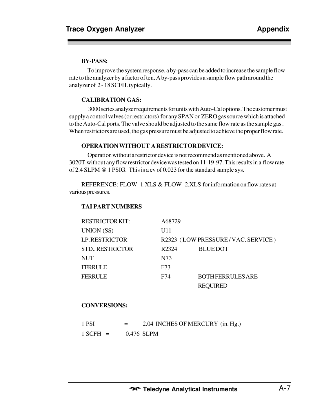 Teledyne 3020T operating instructions Conversions 