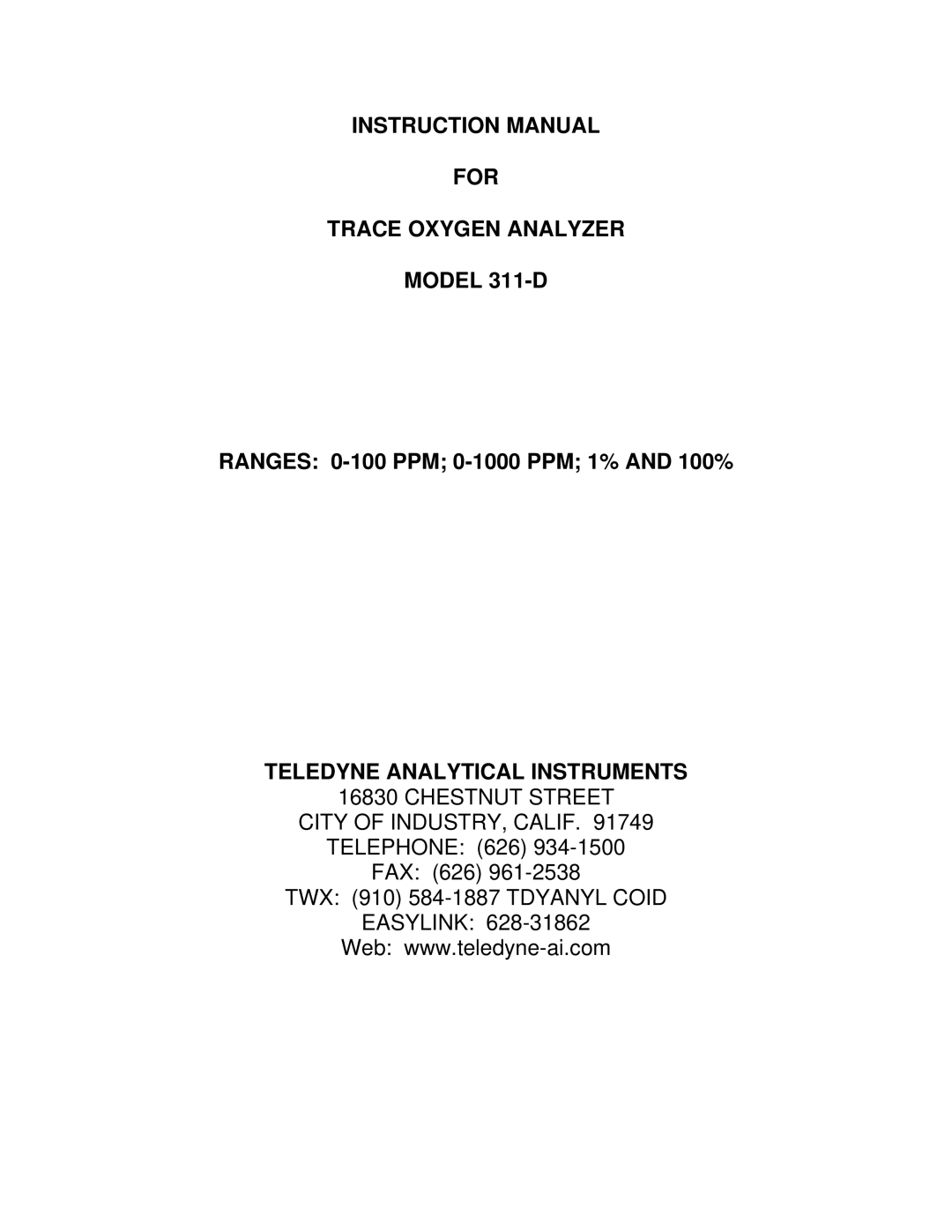 Teledyne instruction manual For Trace Oxygen Analyzer Model 311-D 