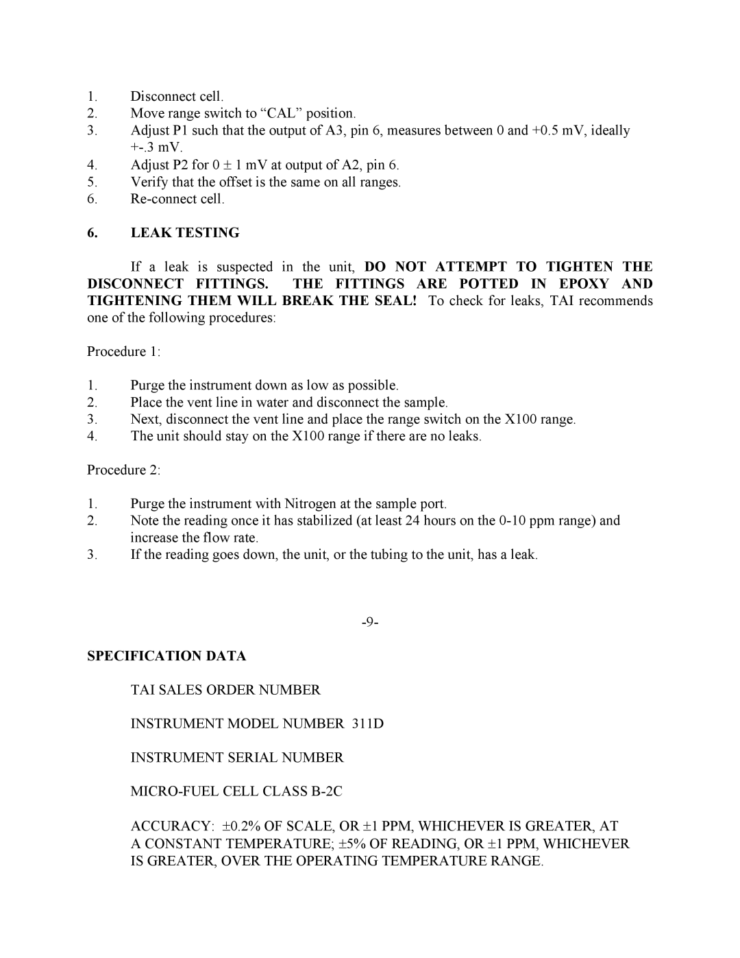 Teledyne 311-D instruction manual Leak Testing, Specification Data 