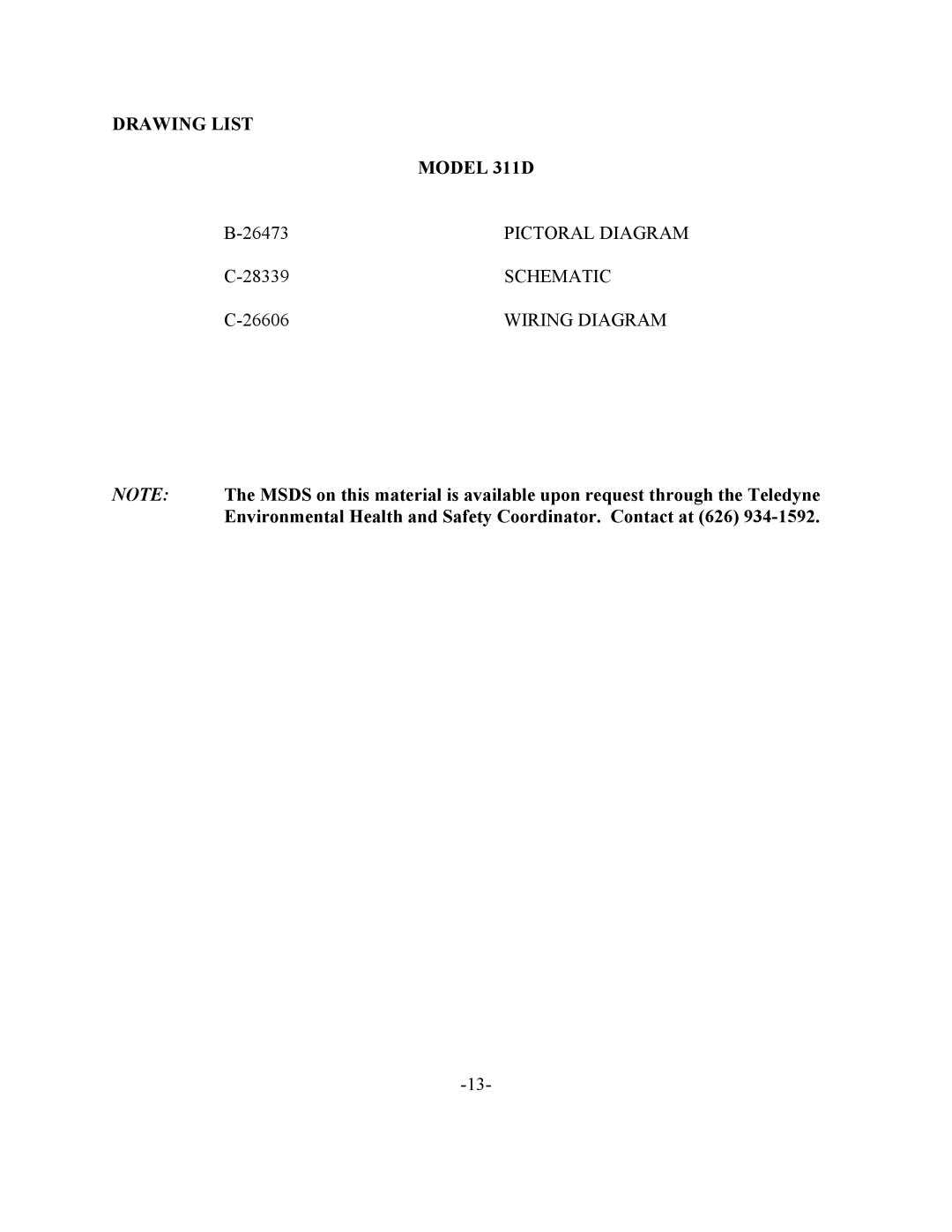 Teledyne 311-D instruction manual Drawing List Model 311D 