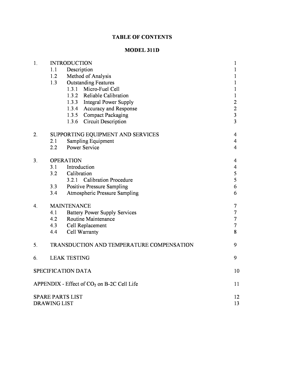 Teledyne 311-D instruction manual Table Of Contents, MODEL 311D 