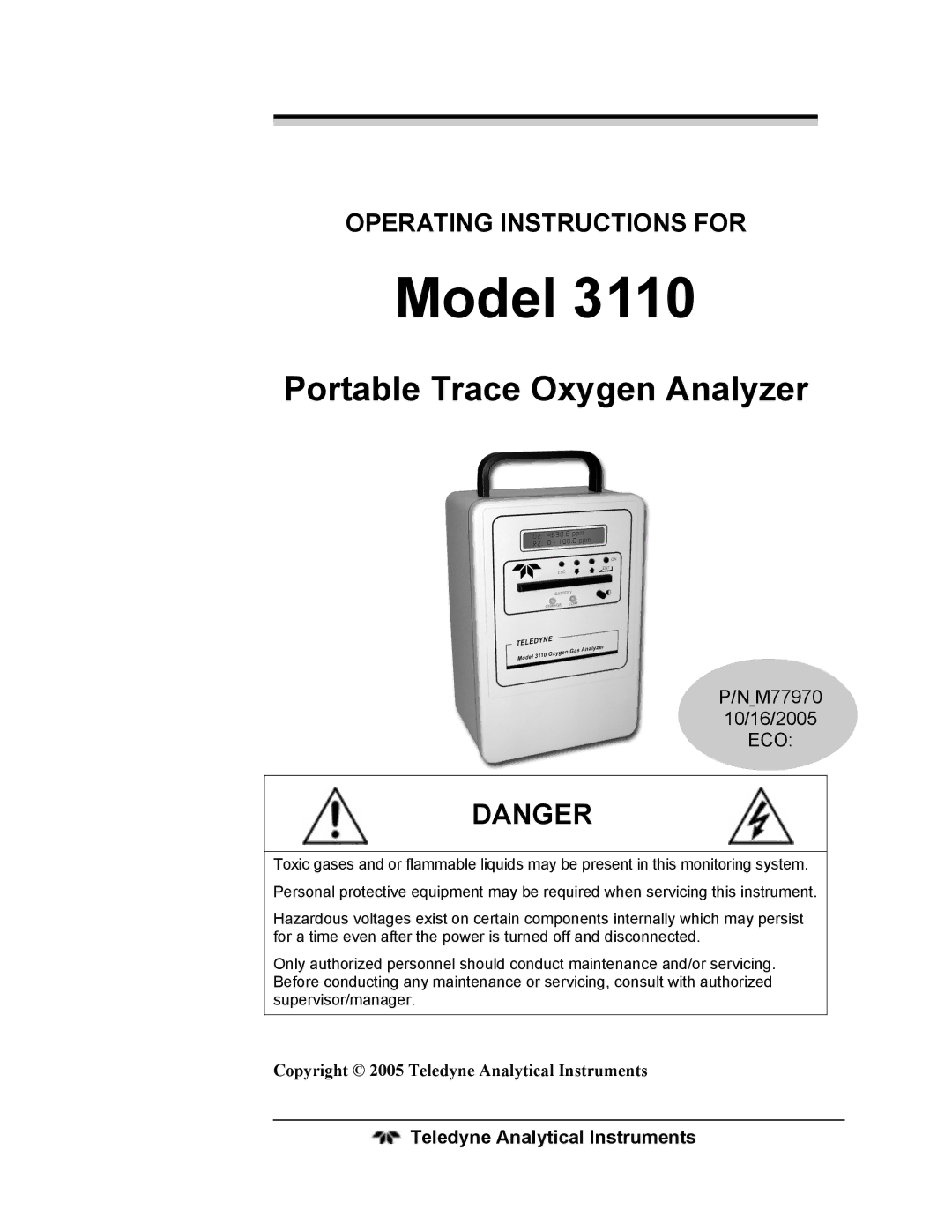Teledyne 3110 operating instructions Model, Teledyne Analytical Instruments 