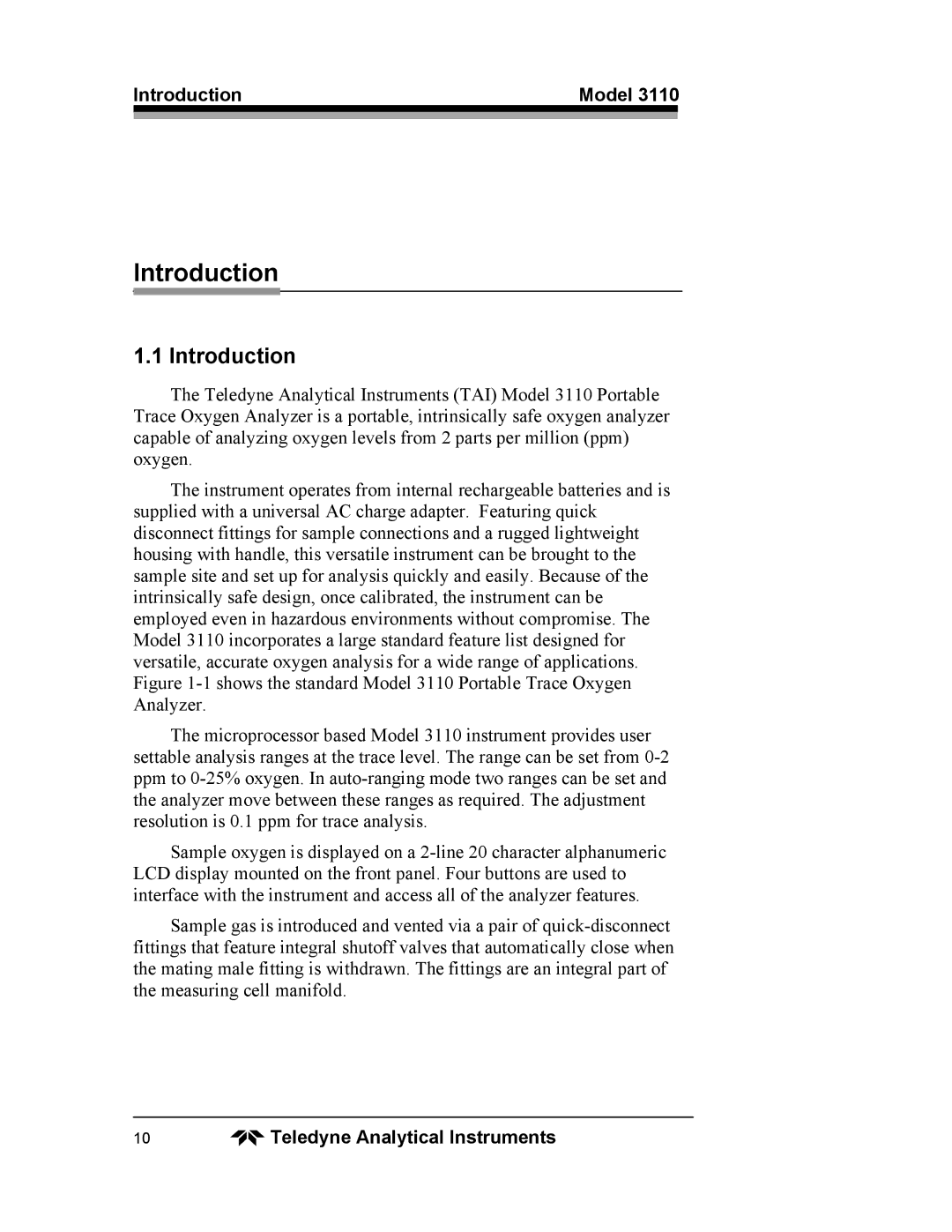 Teledyne 3110 operating instructions Introduction Model 