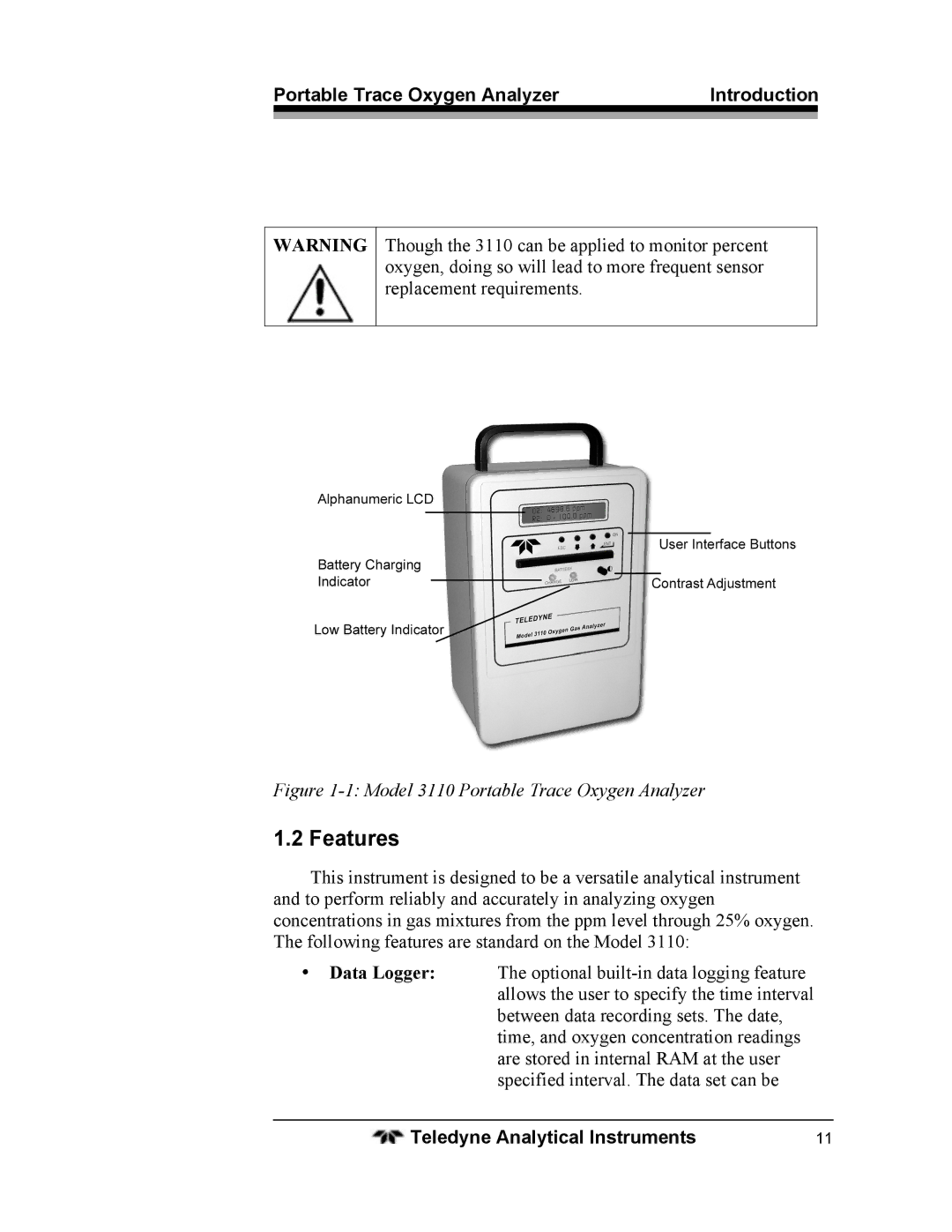 Teledyne 3110 operating instructions Features, Portable Trace Oxygen Analyzer Introduction 