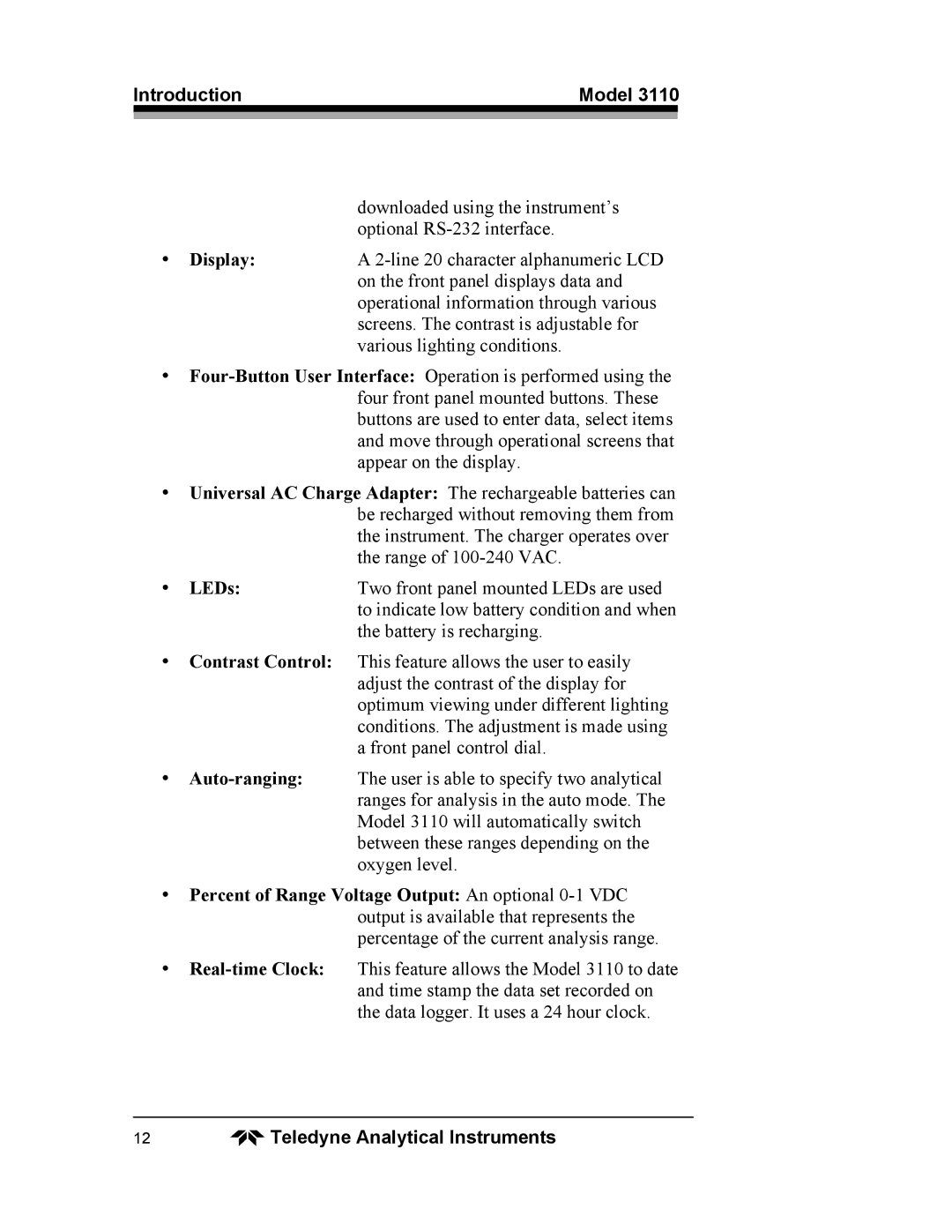 Teledyne 3110 operating instructions Introduction Model 