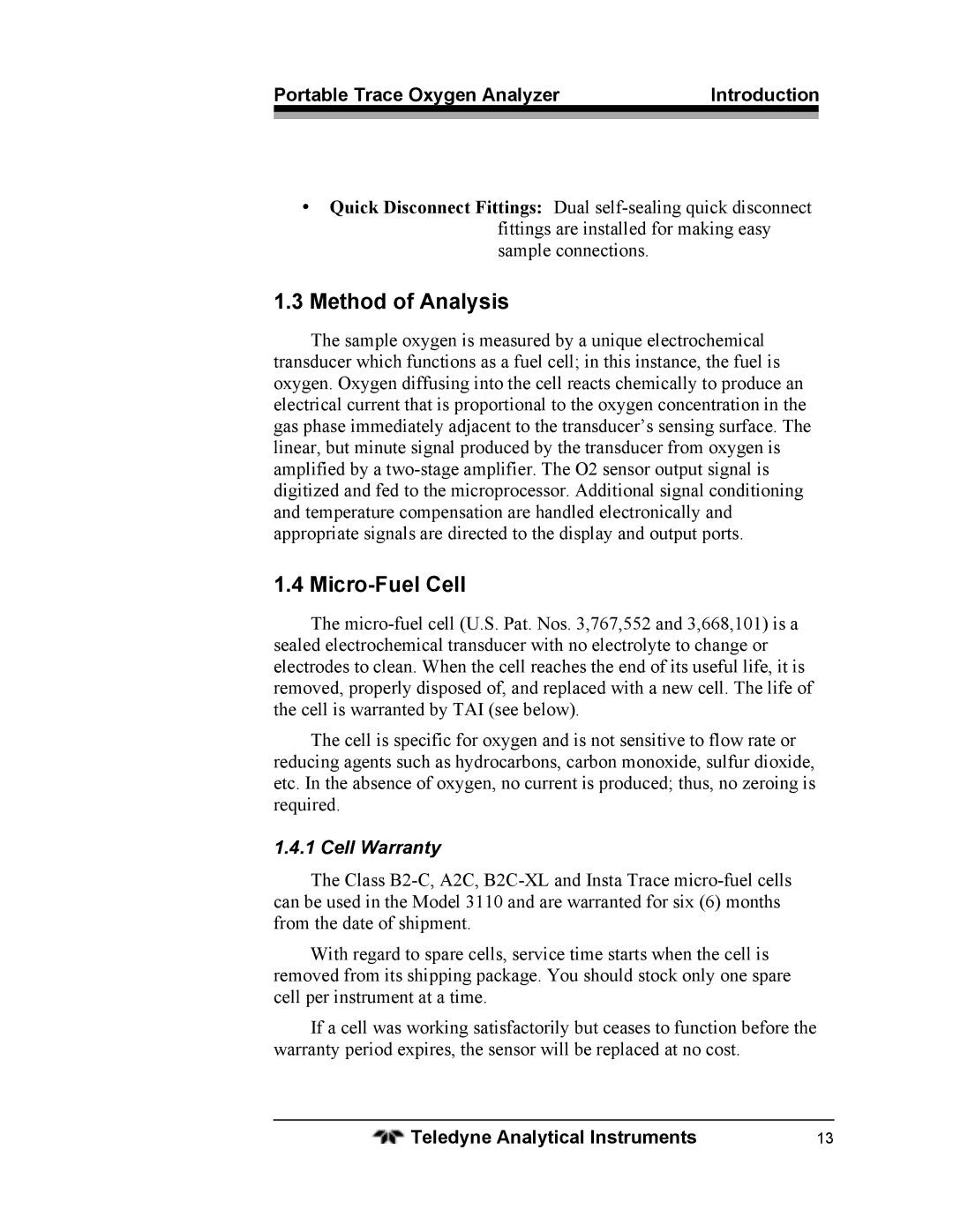 Teledyne 3110 operating instructions Method of Analysis, Micro-Fuel Cell, Cell Warranty 