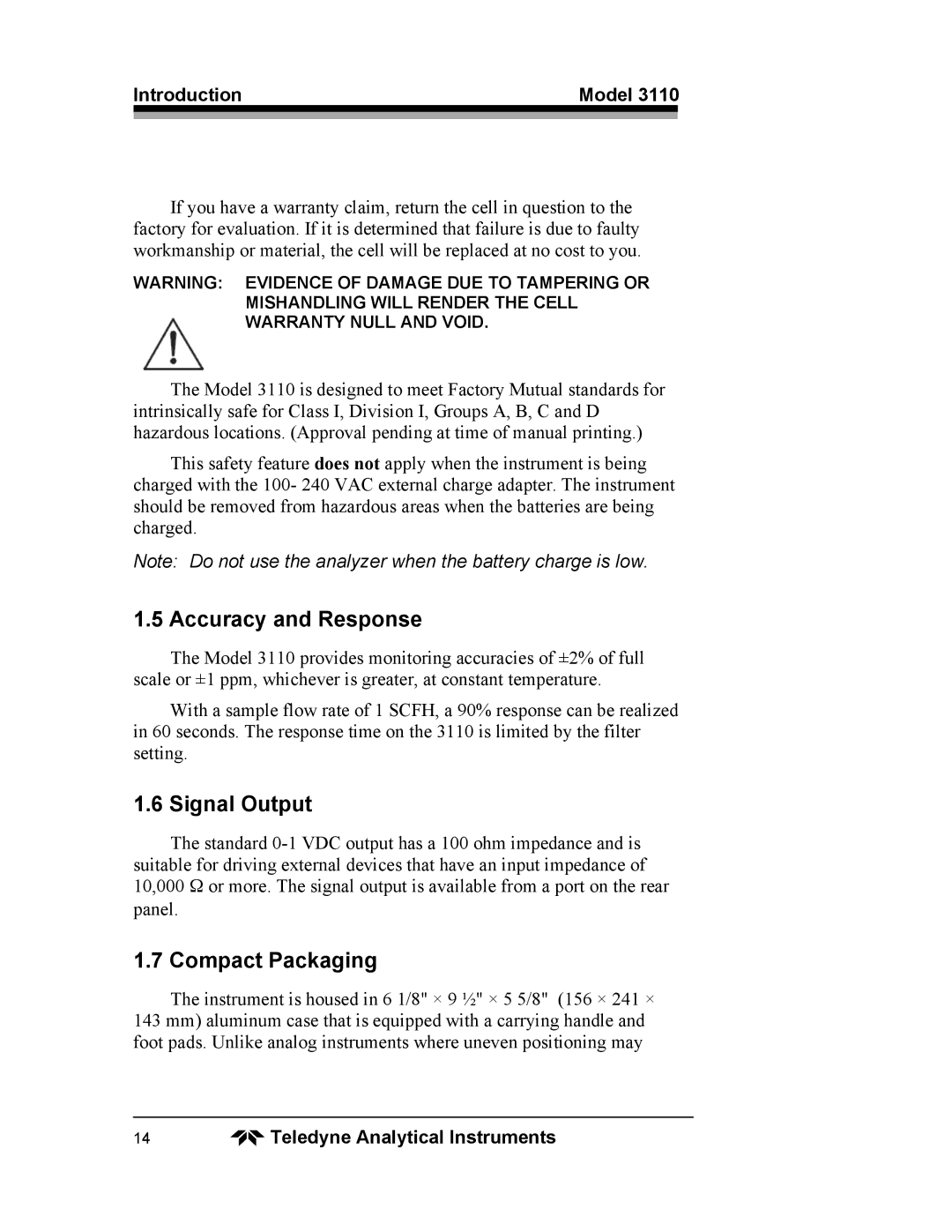 Teledyne 3110 operating instructions Accuracy and Response, Signal Output, Compact Packaging 