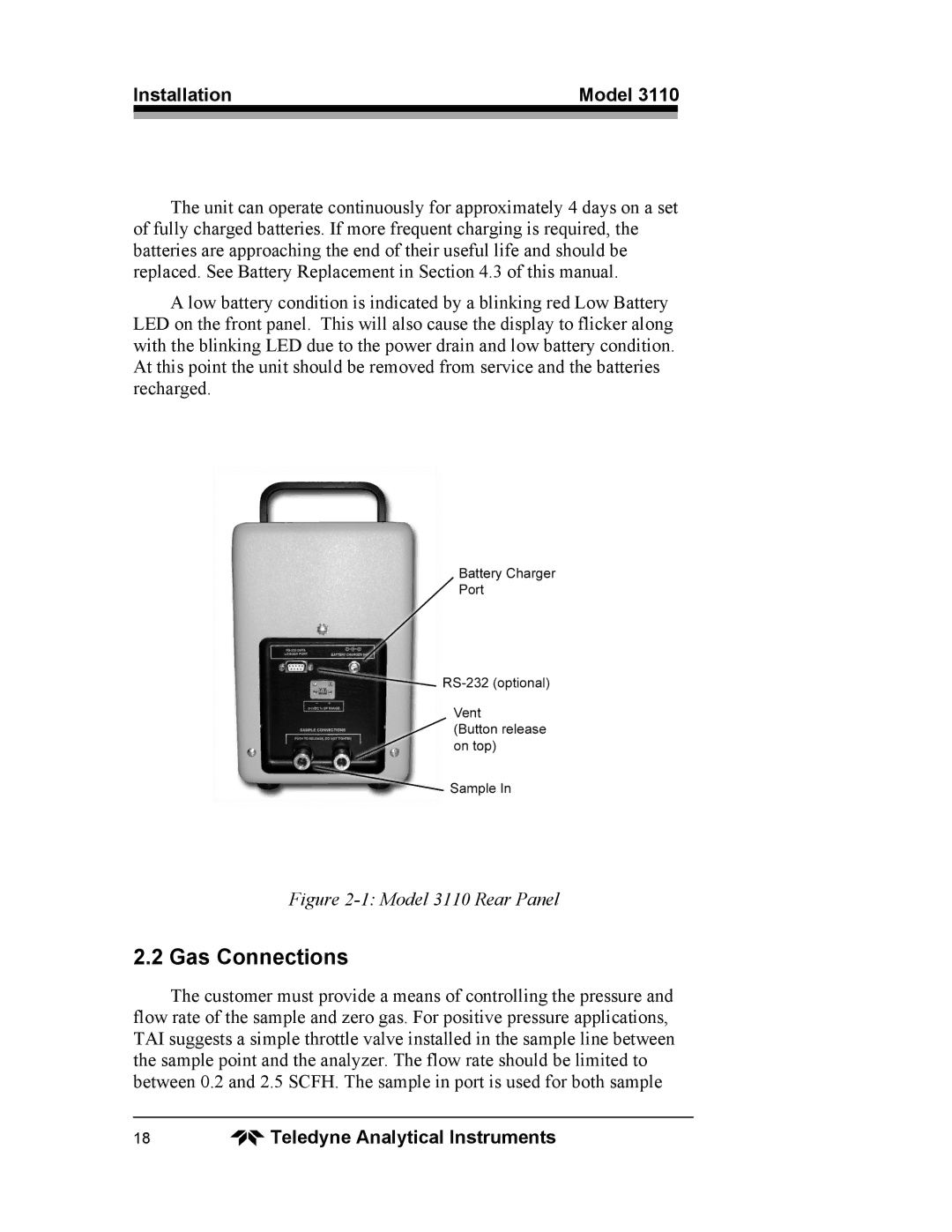 Teledyne 3110 operating instructions Gas Connections, Installation Model 