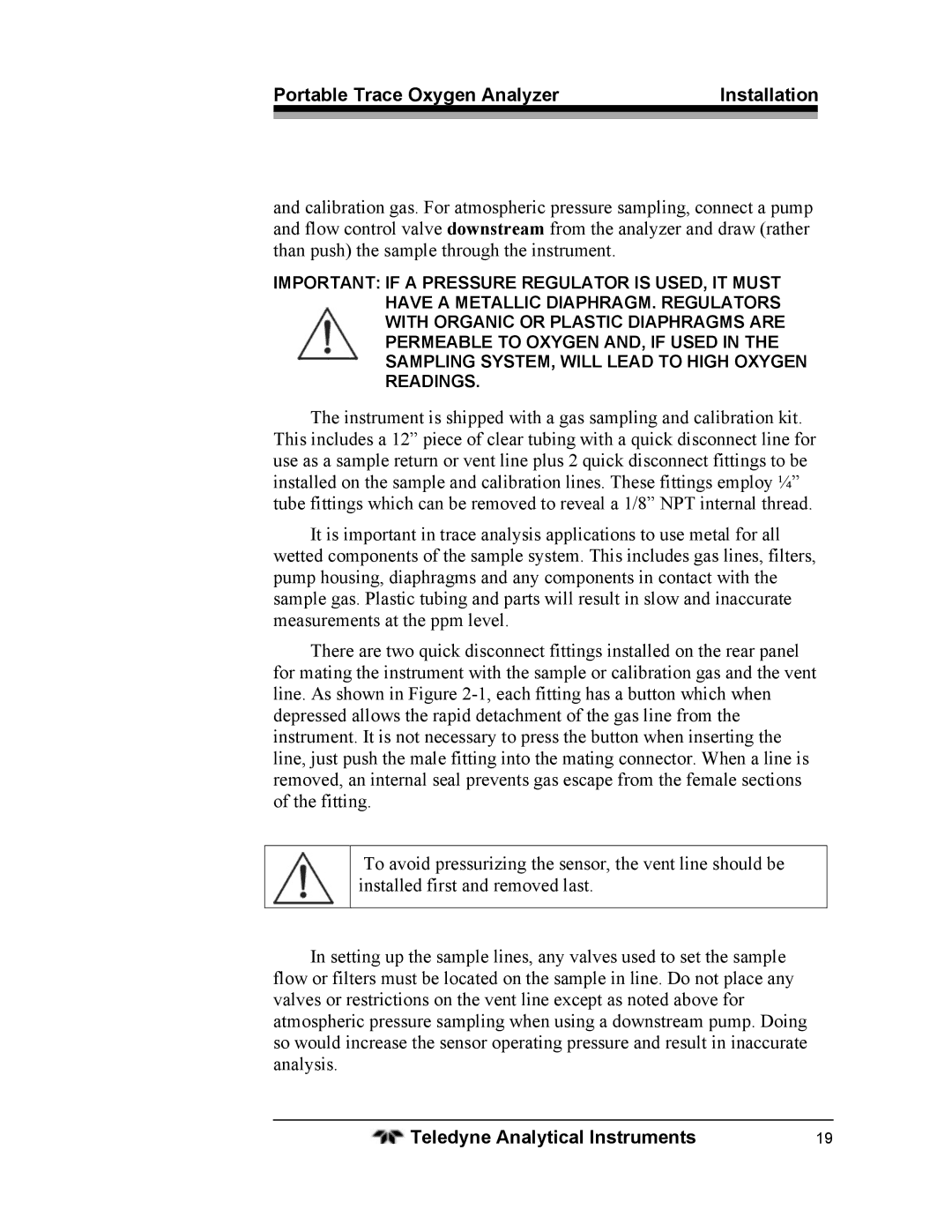 Teledyne 3110 operating instructions Portable Trace Oxygen Analyzer Installation 