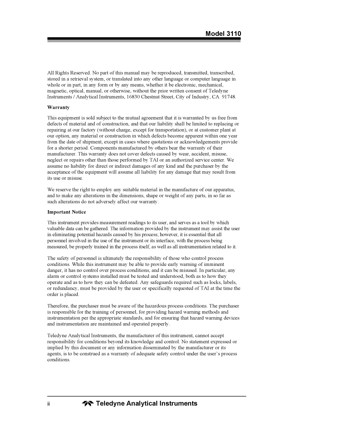 Teledyne 3110 operating instructions Model, Ii Teledyne Analytical Instruments 