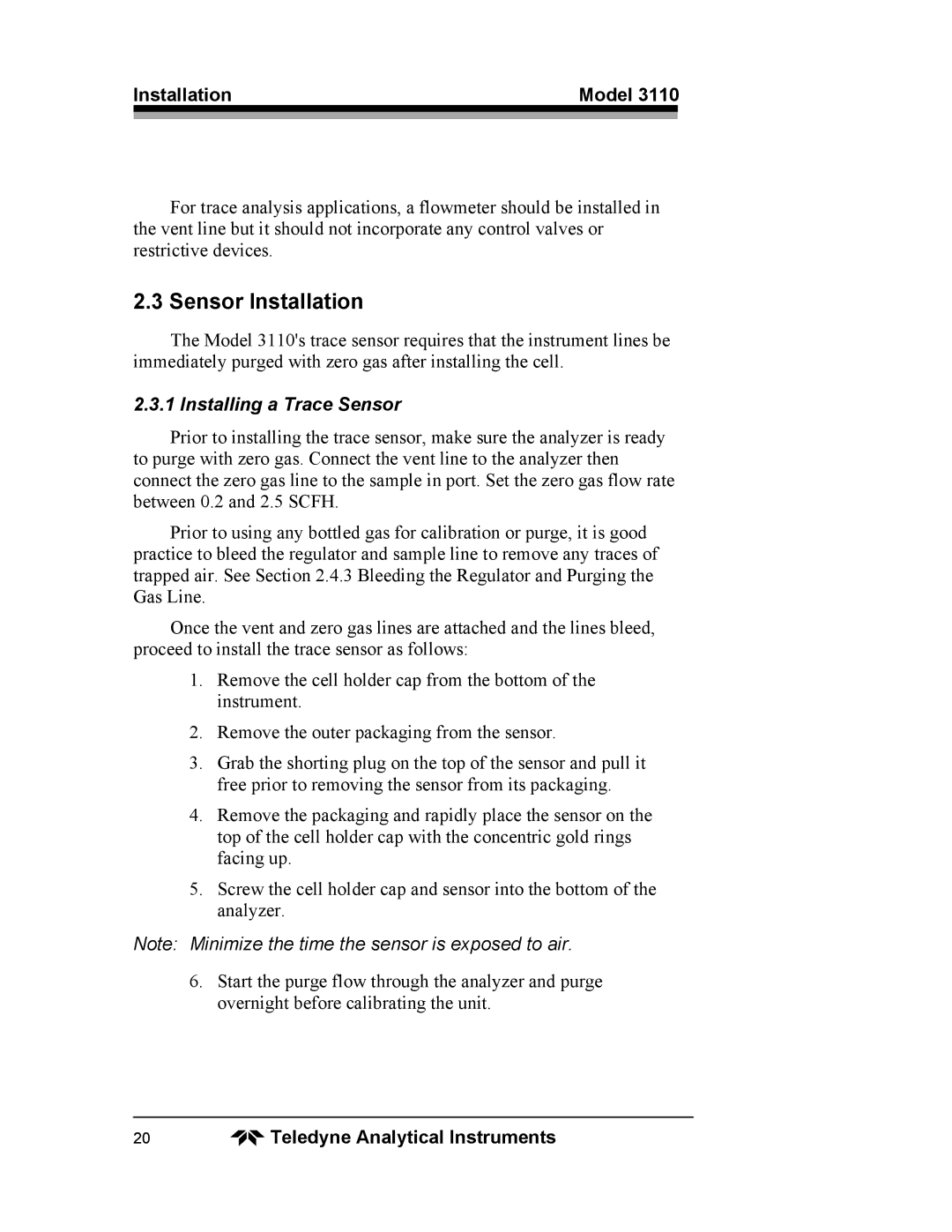 Teledyne 3110 operating instructions Sensor Installation, Installing a Trace Sensor 