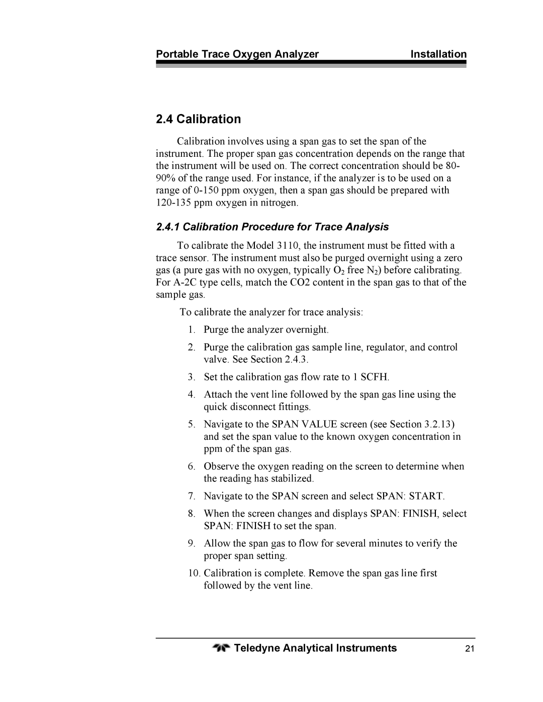 Teledyne 3110 operating instructions Calibration Procedure for Trace Analysis 