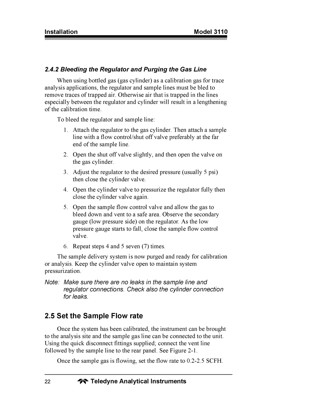 Teledyne 3110 operating instructions Set the Sample Flow rate, Bleeding the Regulator and Purging the Gas Line 