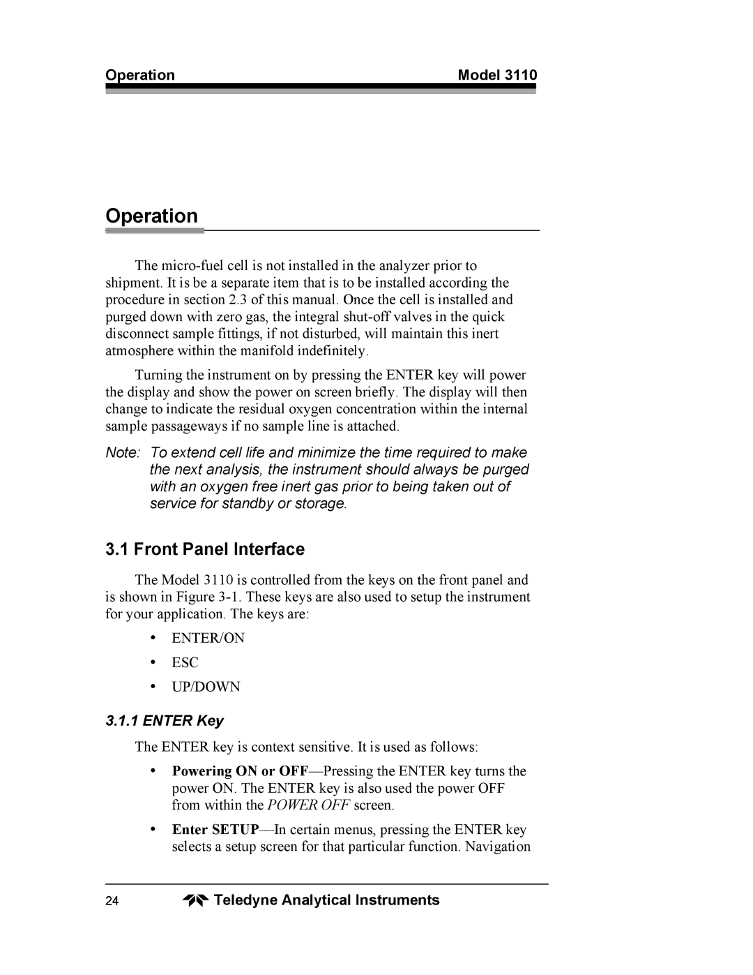 Teledyne 3110 operating instructions Front Panel Interface, Operation Model, Enter Key 