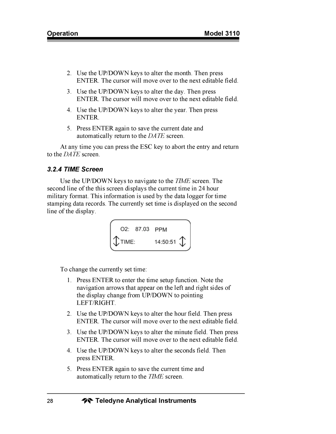 Teledyne 3110 operating instructions Enter, Time Screen 