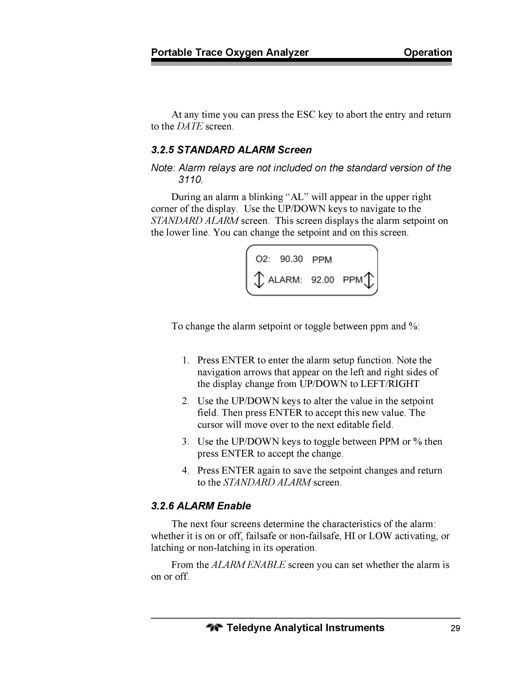 Teledyne 3110 operating instructions Standard Alarm Screen, Alarm Enable 