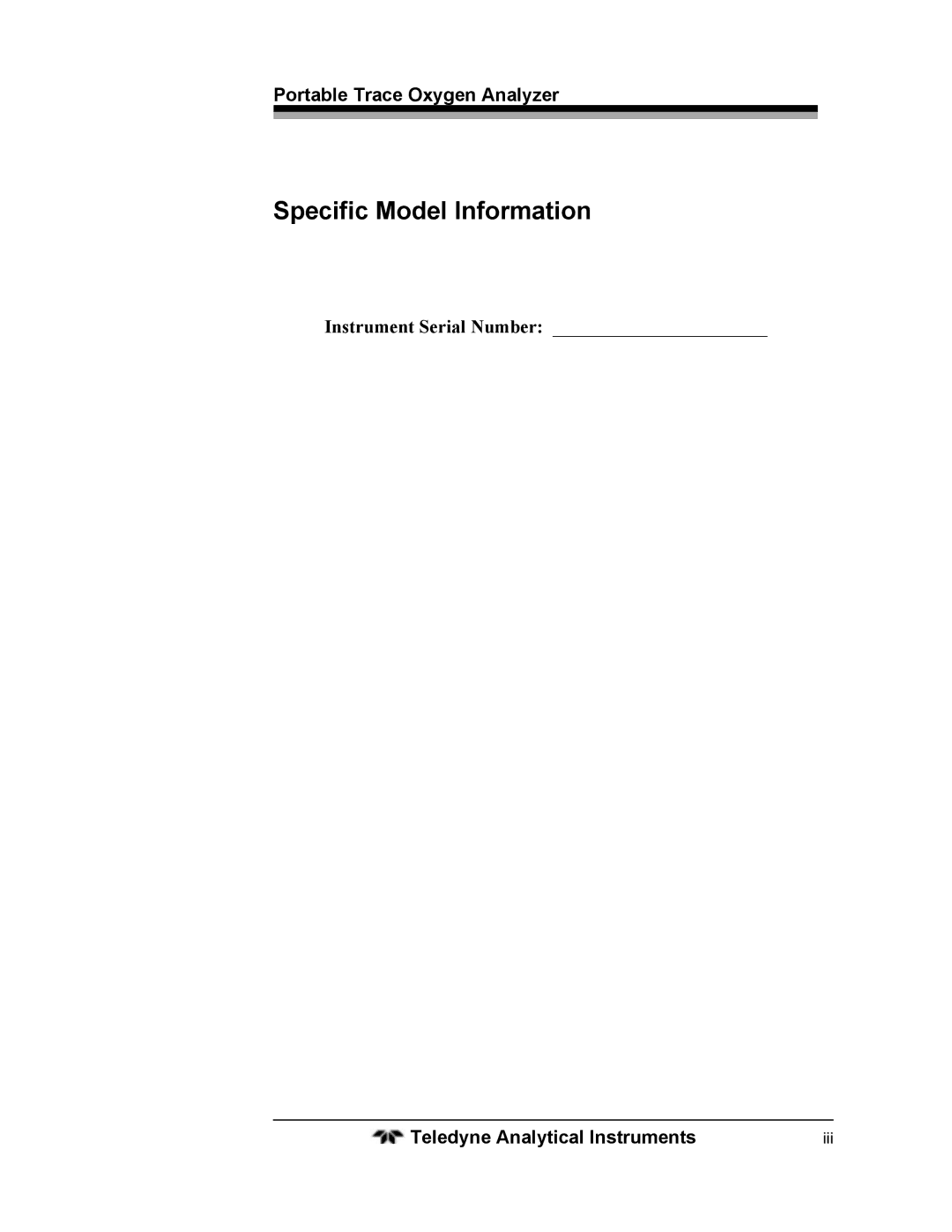 Teledyne 3110 operating instructions Specific Model Information, Portable Trace Oxygen Analyzer 