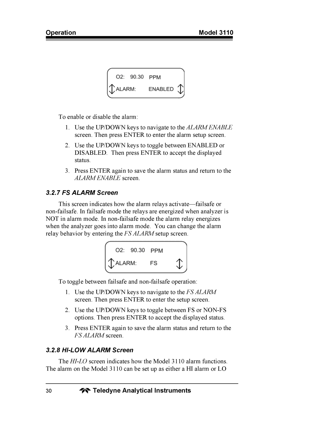 Teledyne 3110 operating instructions FS Alarm Screen, HI-LOW Alarm Screen 