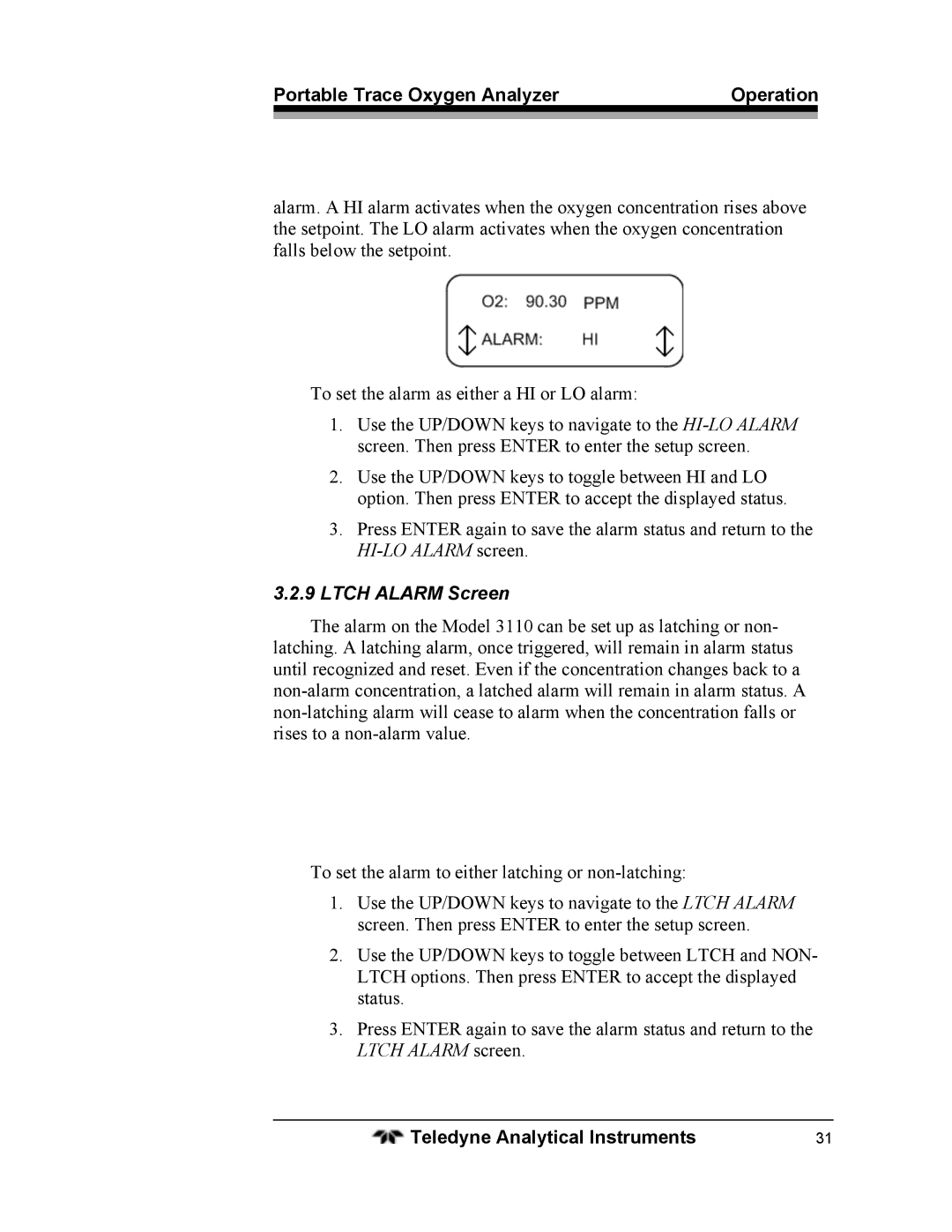 Teledyne 3110 operating instructions Ltch Alarm Screen 