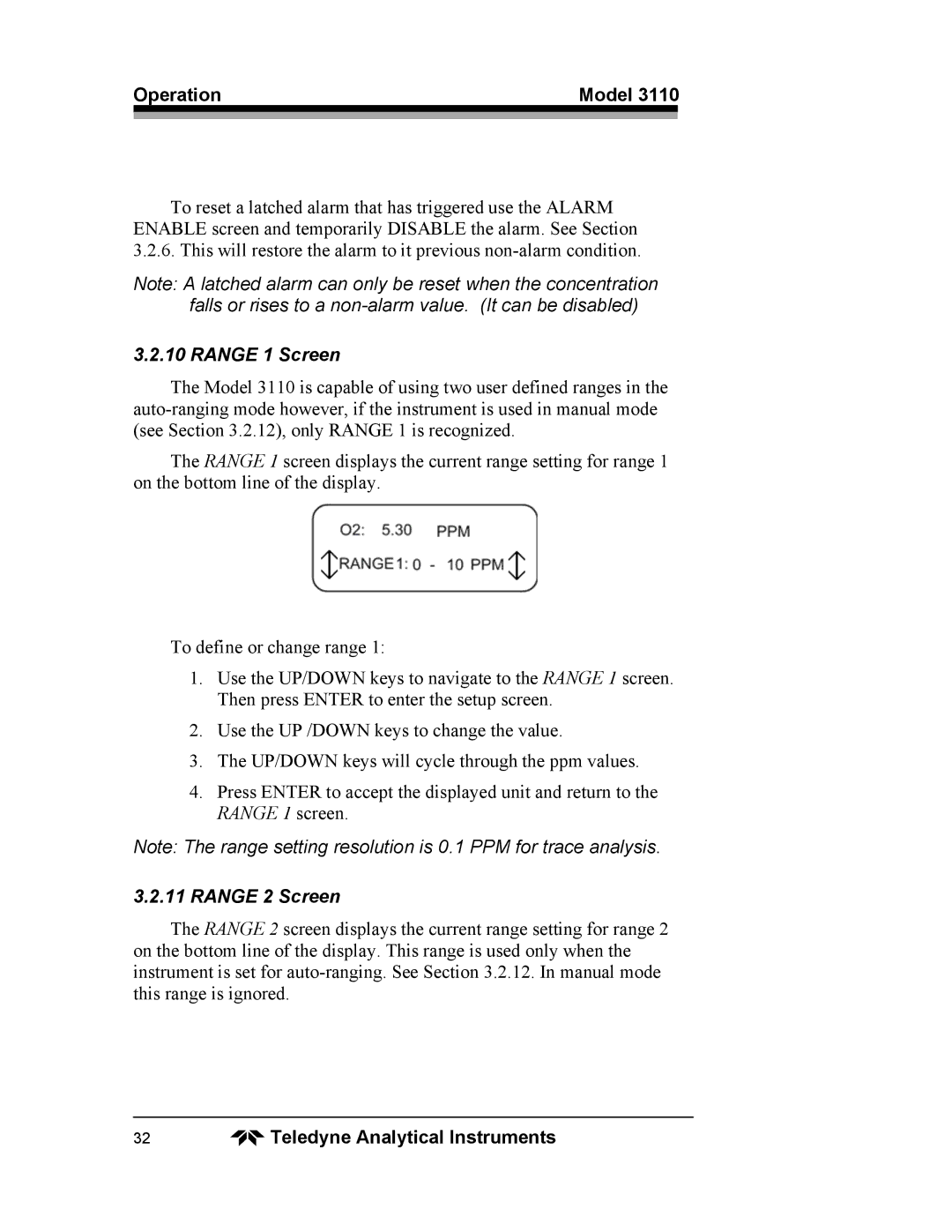 Teledyne 3110 operating instructions Range 1 Screen, Range 2 Screen 