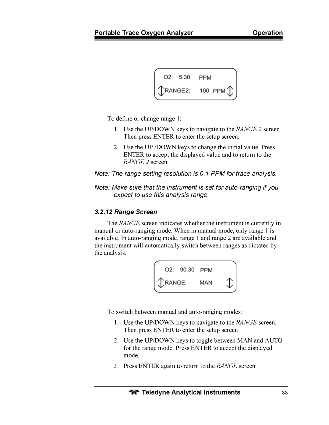 Teledyne 3110 operating instructions Range Screen 