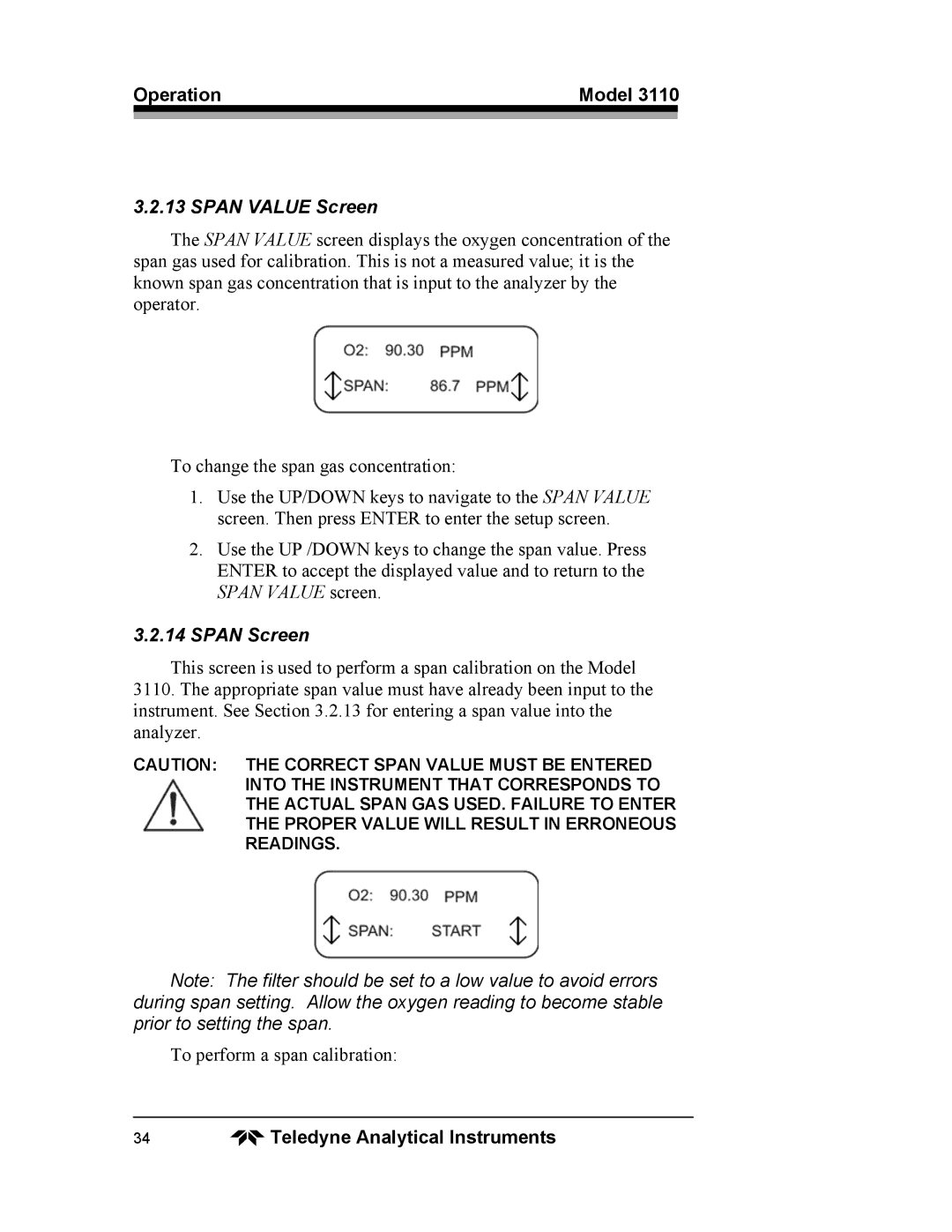 Teledyne 3110 operating instructions Span Value Screen, Span Screen 
