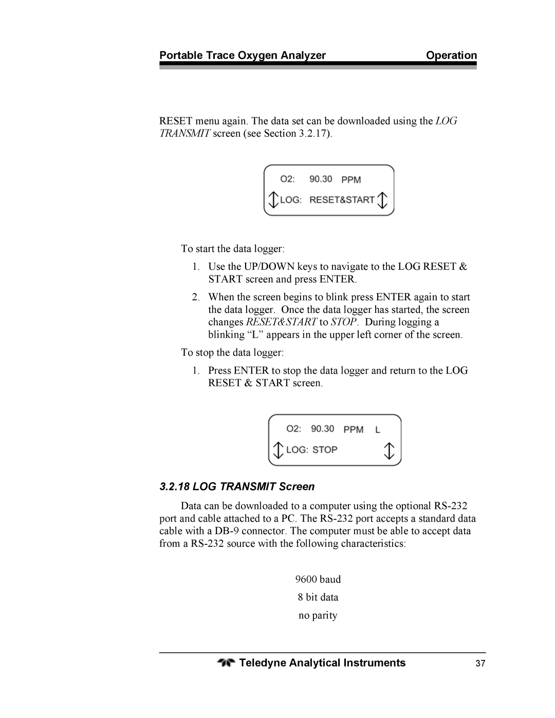 Teledyne 3110 operating instructions LOG Transmit Screen 