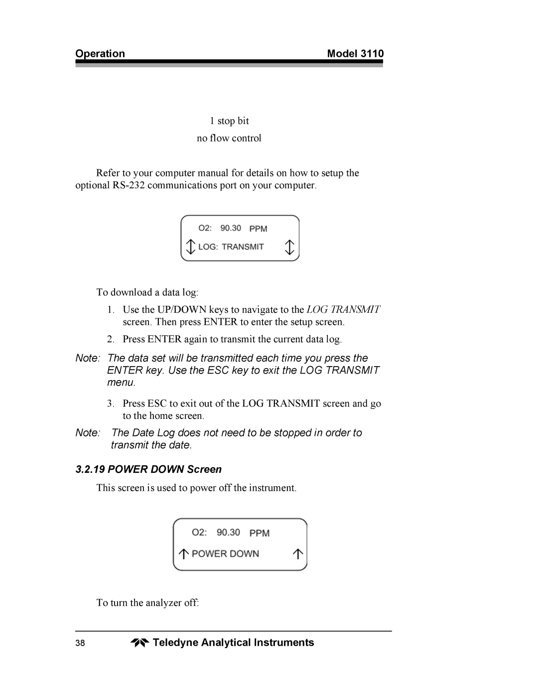 Teledyne 3110 operating instructions Power Down Screen 