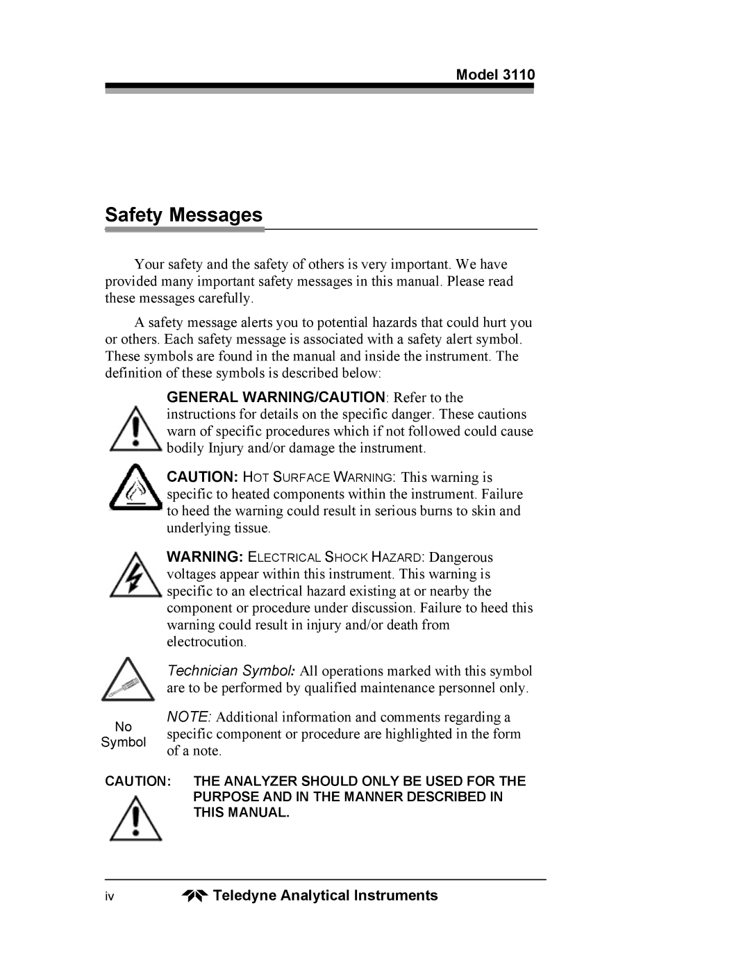 Teledyne 3110 operating instructions Safety Messages, Iv Teledyne Analytical Instruments 