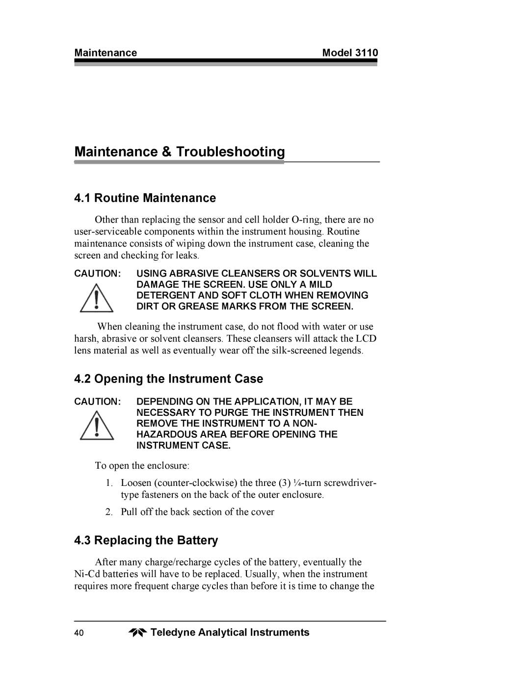 Teledyne 3110 Maintenance & Troubleshooting, Routine Maintenance, Opening the Instrument Case, Replacing the Battery 