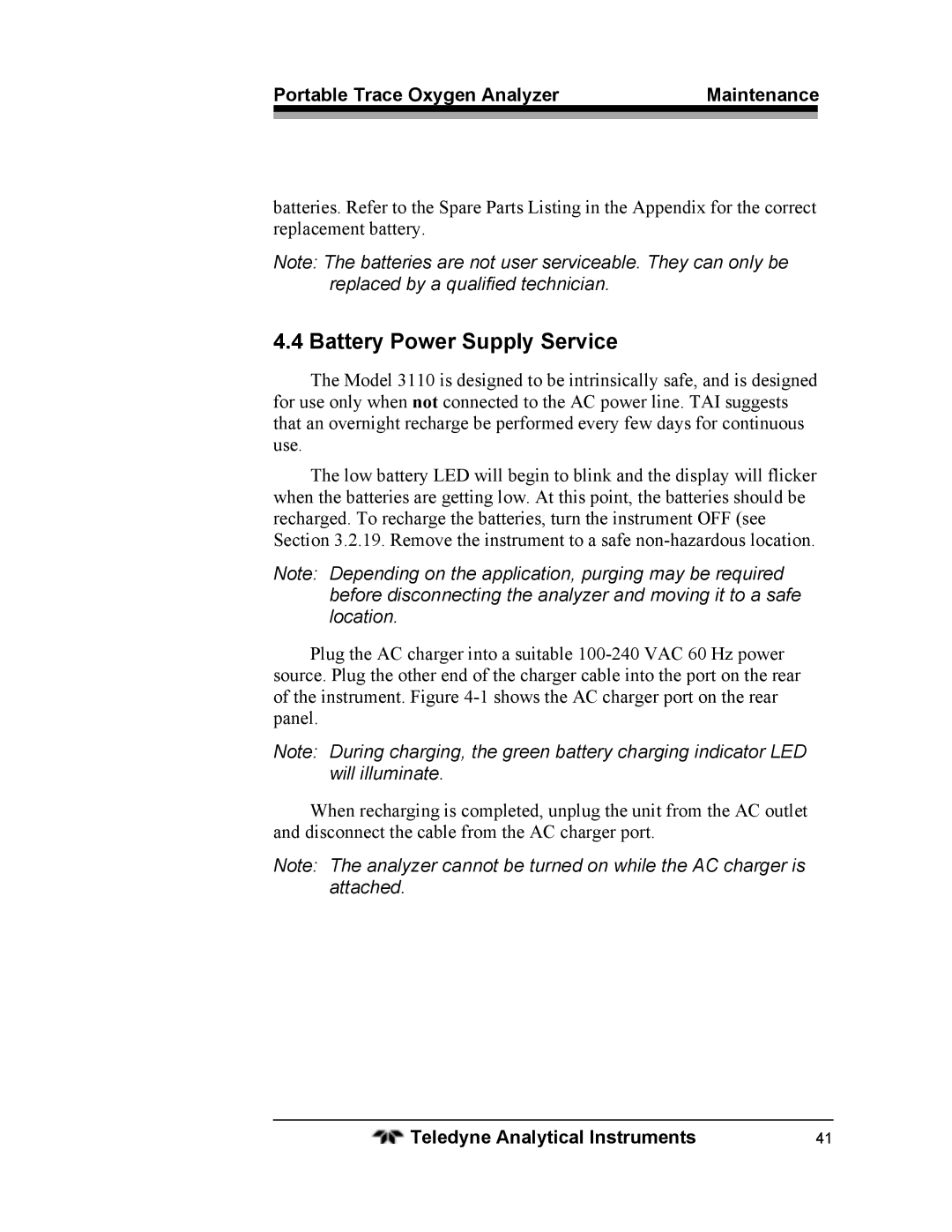 Teledyne 3110 operating instructions Battery Power Supply Service, Portable Trace Oxygen Analyzer Maintenance 