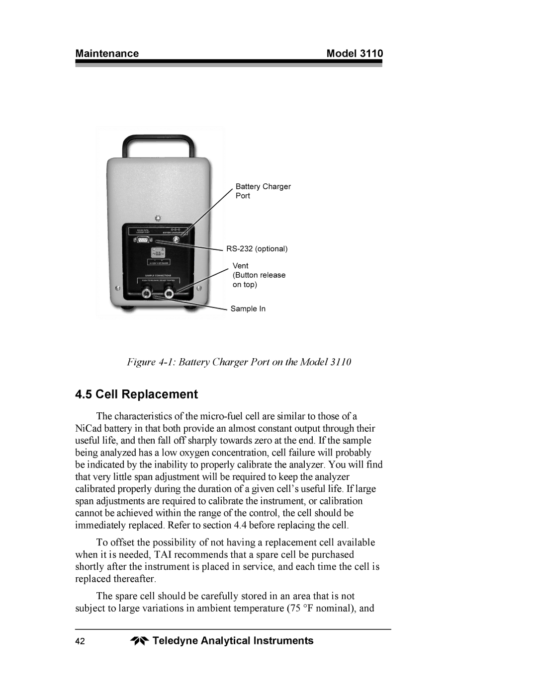 Teledyne 3110 operating instructions Cell Replacement, Battery Charger Port on the Model 