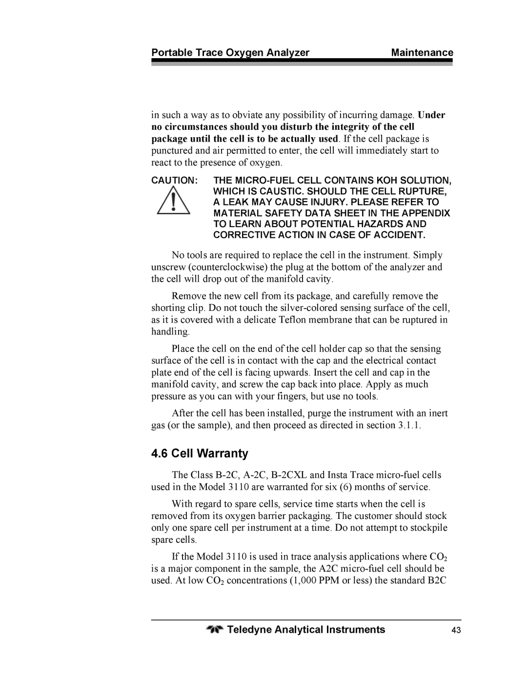 Teledyne 3110 operating instructions Cell Warranty 