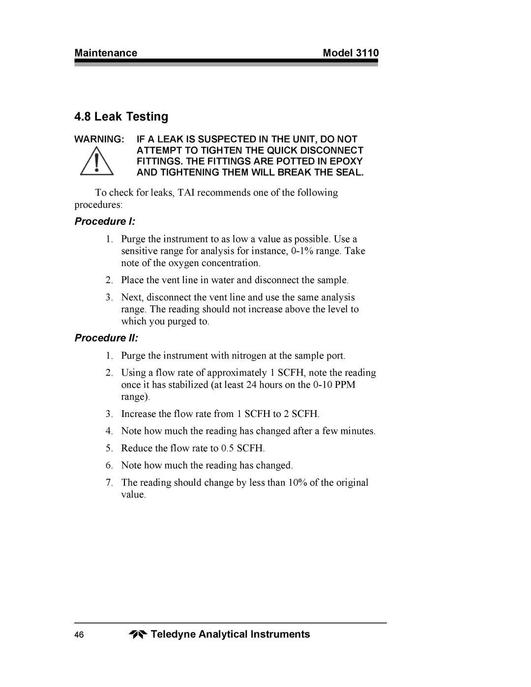 Teledyne 3110 operating instructions Leak Testing, Procedure 