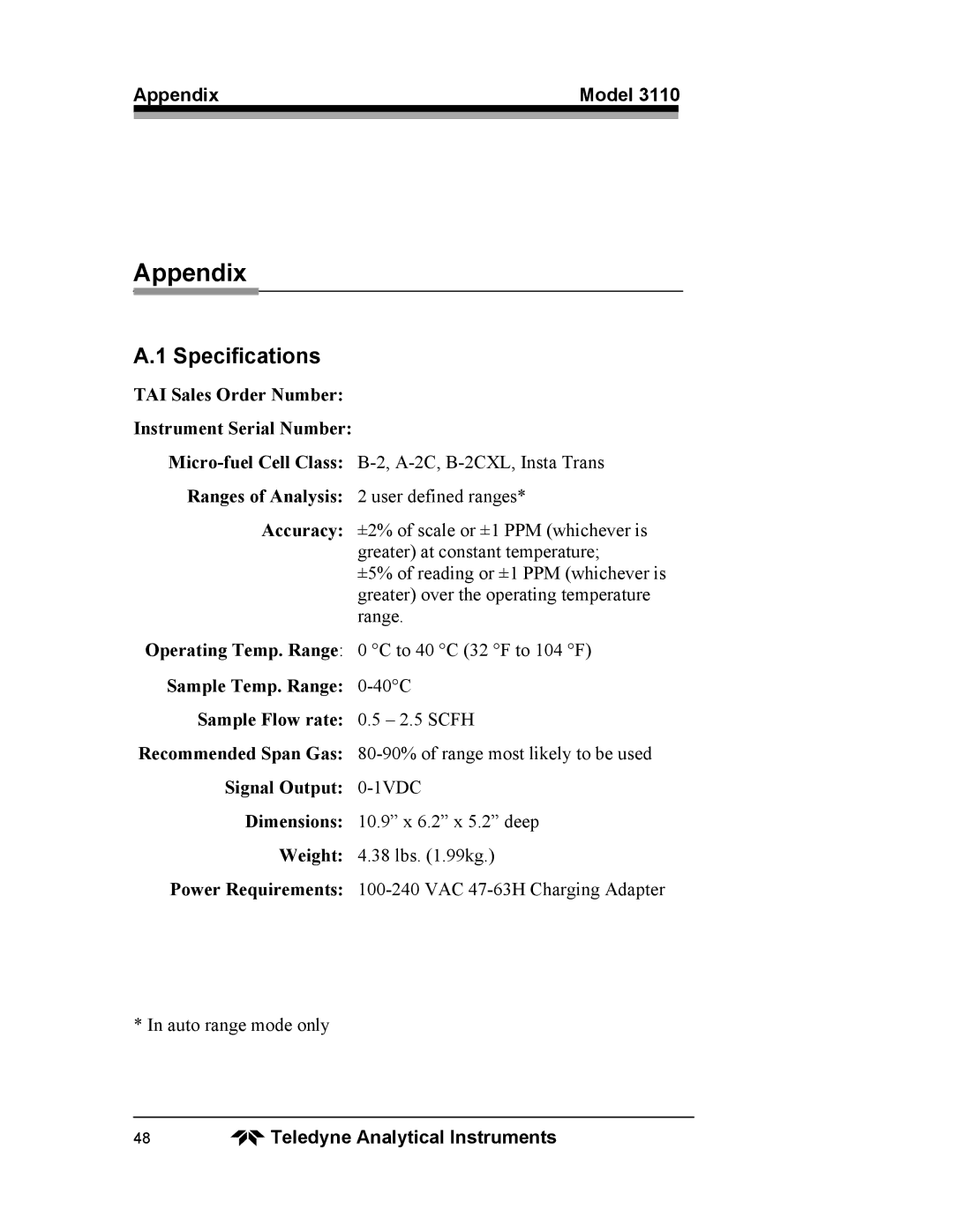 Teledyne 3110 operating instructions Specifications, Appendix Model 