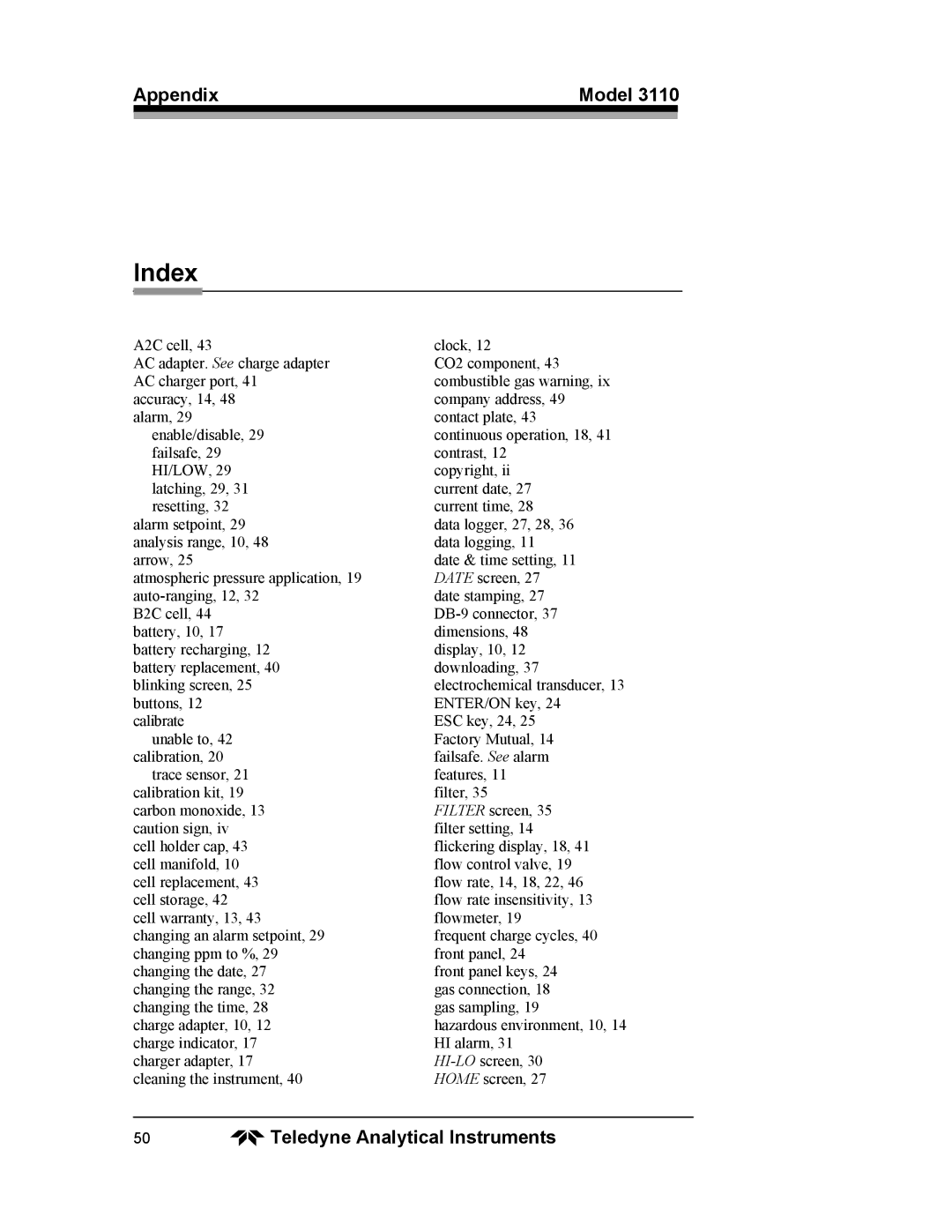 Teledyne 3110 operating instructions Index 