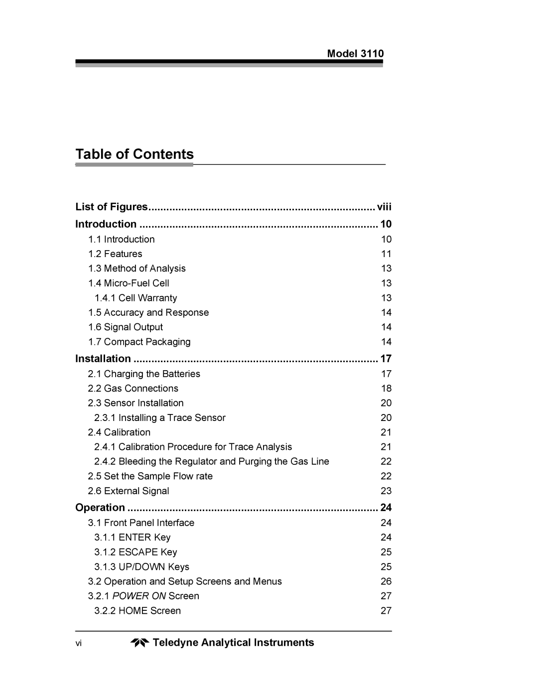 Teledyne 3110 operating instructions Table of Contents 