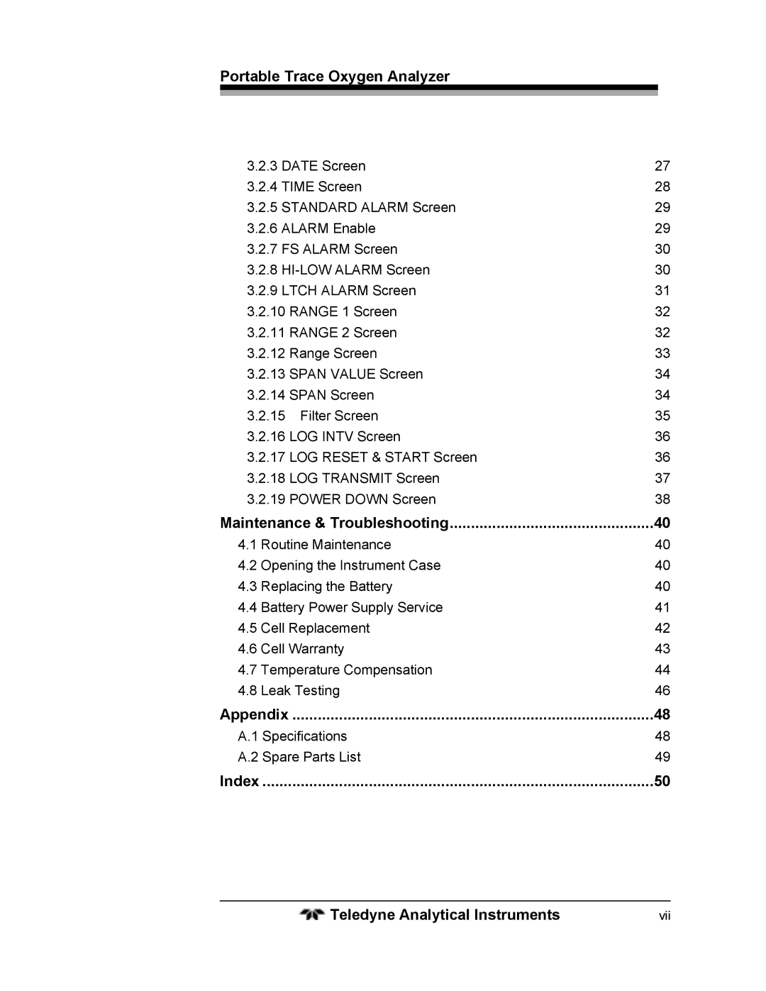 Teledyne 3110 operating instructions Maintenance & Troubleshooting, Appendix, Index Teledyne Analytical Instruments 