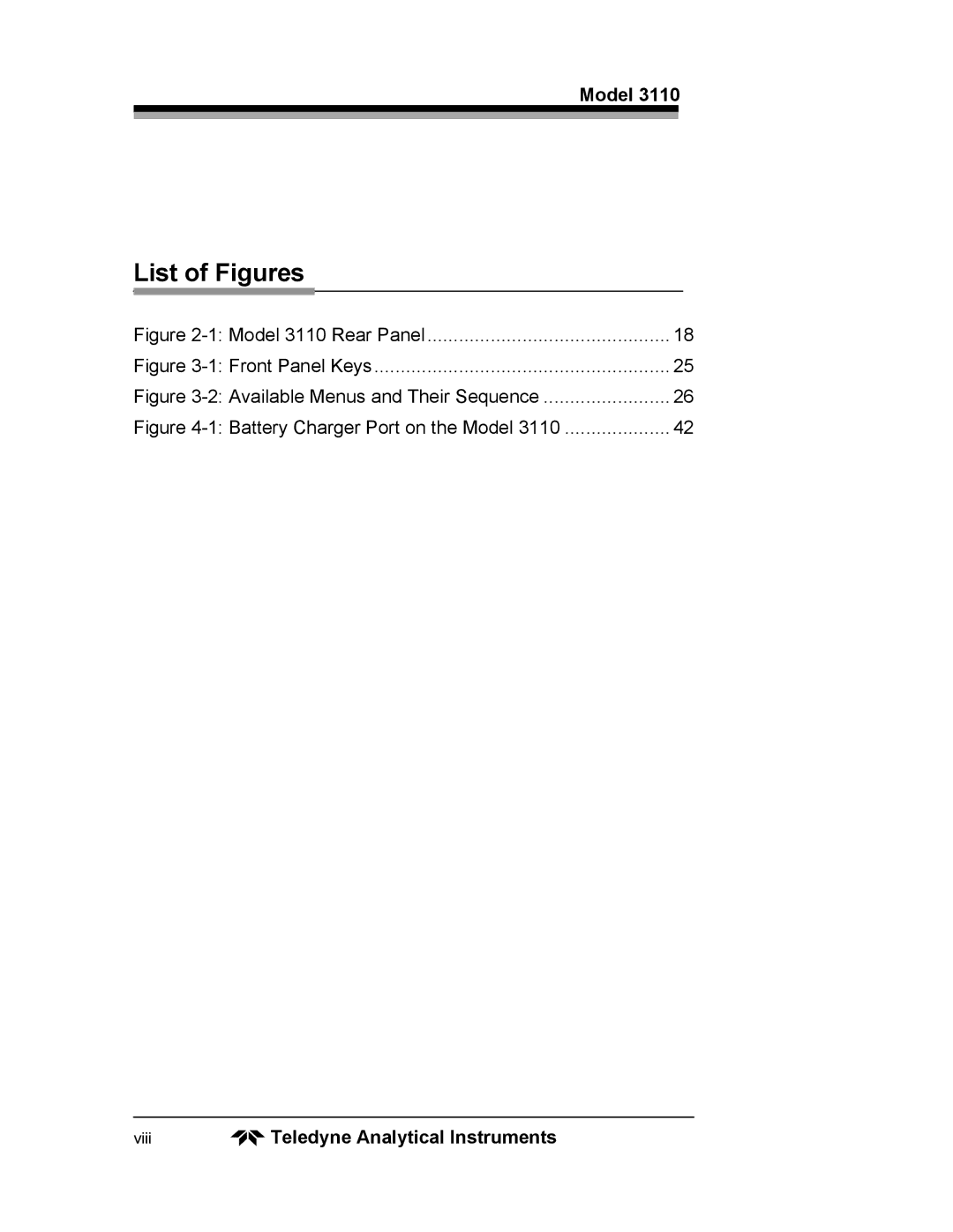 Teledyne 3110 operating instructions List of Figures, Viii Teledyne Analytical Instruments 