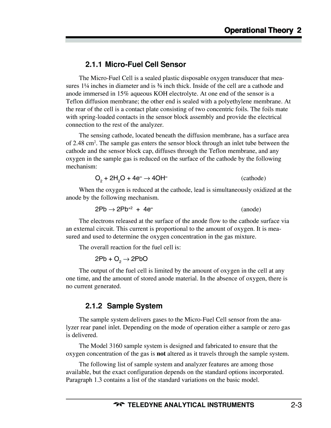 Teledyne 3160 manual Operational Theory Micro-Fuel Cell Sensor, Sample System 