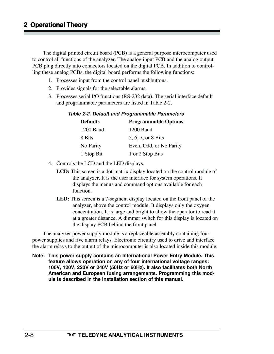 Teledyne 3160 manual Defaults Programmable Options 